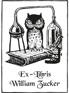 Ex Libris Wissenschaft, Eule mit Mikroskop, Buch und Erlenmeyerkolben