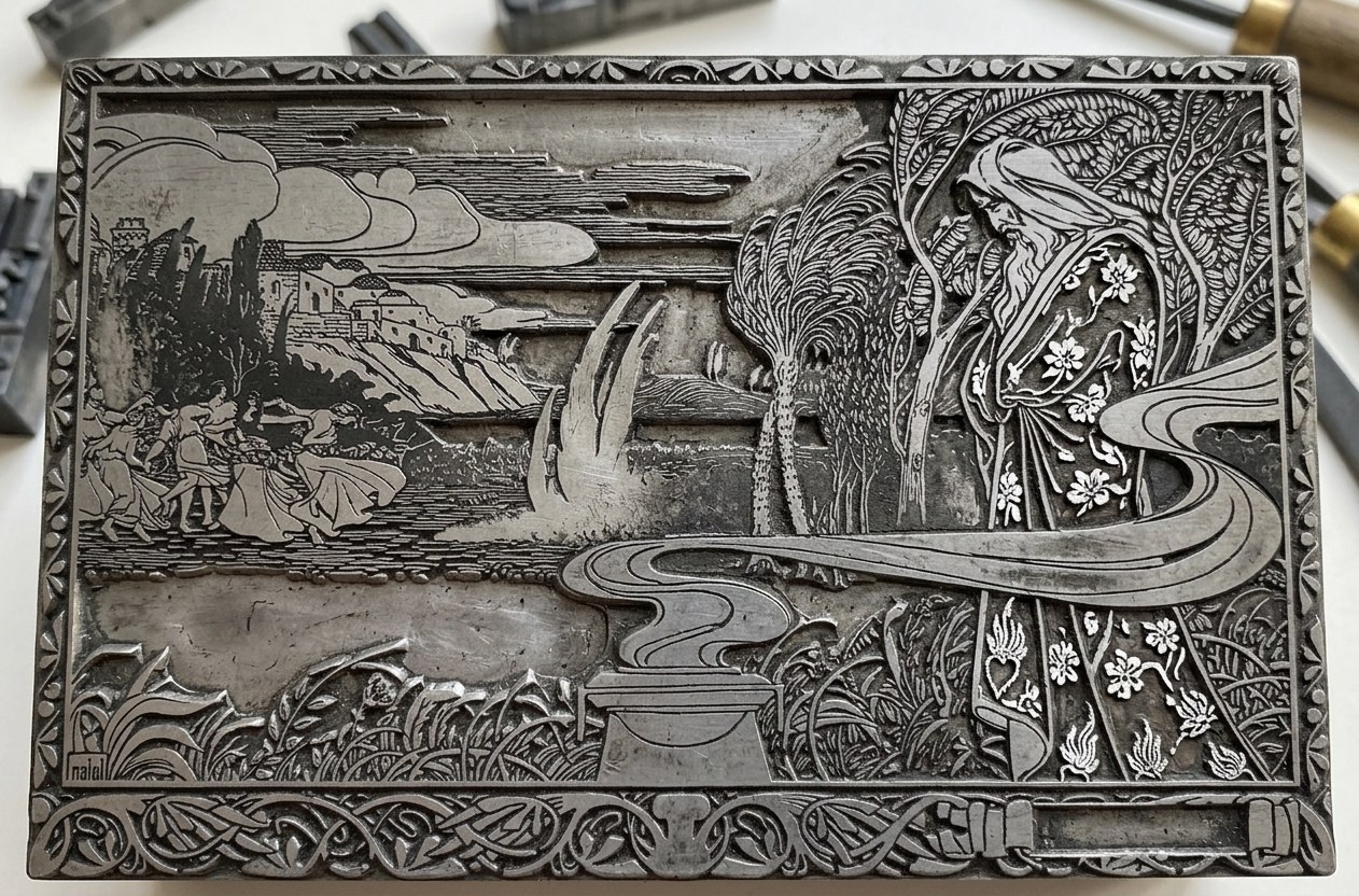 Gravierte Druckplatte mit Jugendstil-Szene, Signatur nalal