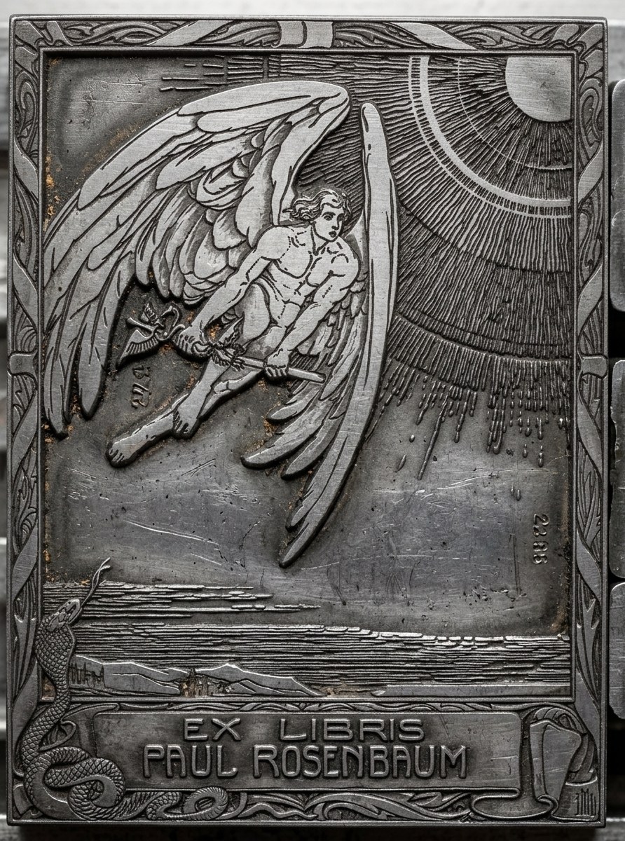 Gravierte Druckplatte Ex Libris Paul Rosenbaum mit fliegendem Engel