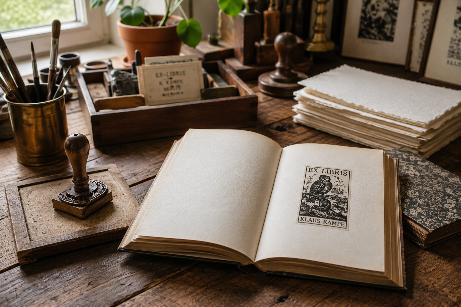 Exlibris Werkstatt mit Buch und Stempel