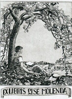 Ex Libris Elise Molenda, lesende Frau unter Blütenbaum