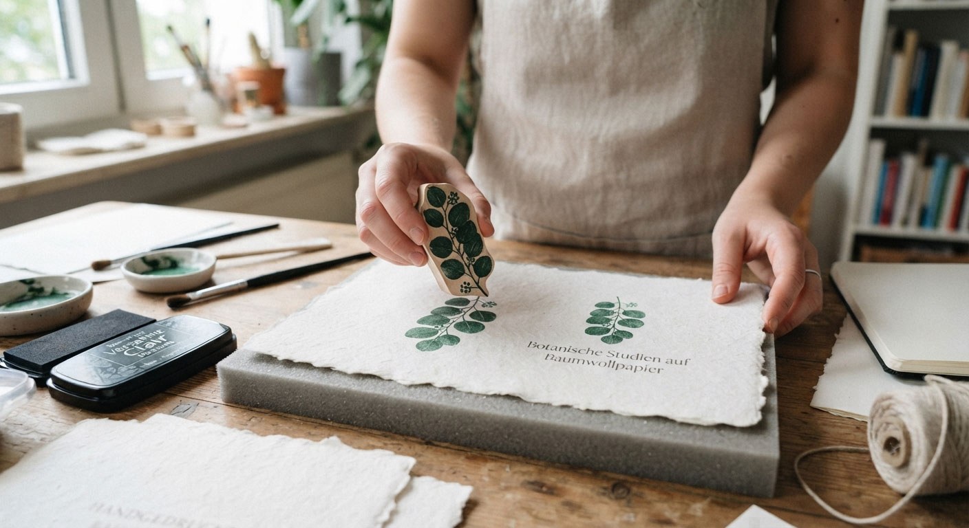 Stempelabdruck auf Baumwollpapier, Pflanzenmotiv
