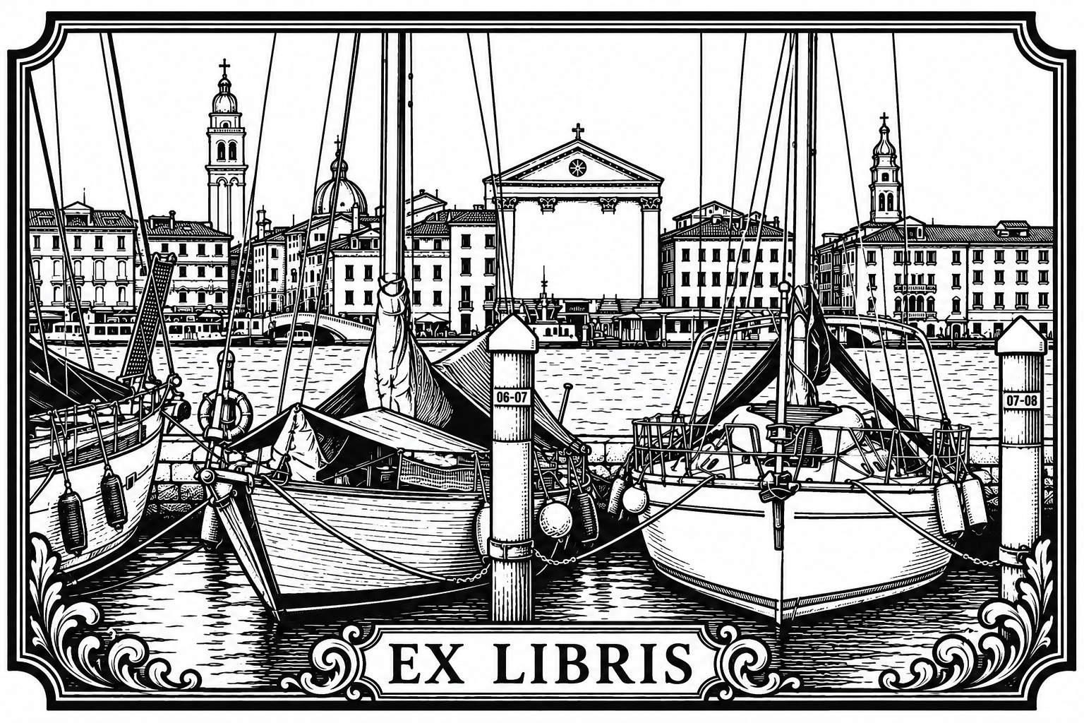 Aus dem Foto gestaltetes Ex Libris mit Bootsszene in Venedig