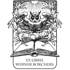 Bookplate featuring an owl—a symbol of knowledge and science