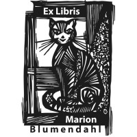 Bookplate cat in front of a window