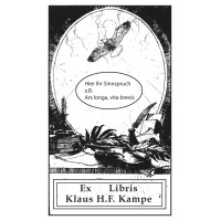 Bookplate eagle in front of a desk with books and violin