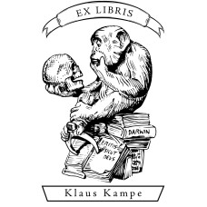 Ex Libris Affe, der einen menschlichen Schädel betrachtet