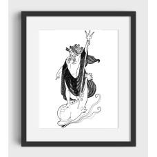 Neptune with trident on dolphin, black and white graphic (b-neptun) by www.exlibris-insel.de/shop