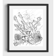 Fish, coral, diver black and white graphic
