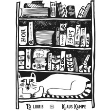 Bookplate cat in front of bookshelf