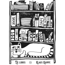 Bookplate cat in front of bookshelf (el ka-bu-hor) by www.exlibris-insel.de/shop