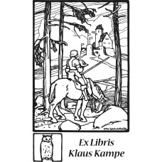 Bookplate knight in forest on horse in front of castle