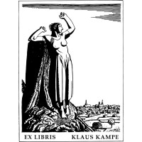 Bookplate Woman on Mountain above City