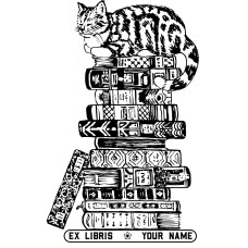 Ex Libris Katze auf Bücherstapel