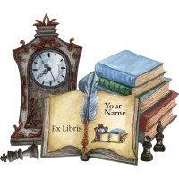 Bookplate Book with Clock and Chessmen