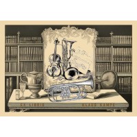 Bookplate Ex Libris trumpet with library