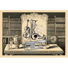 Ex Libris Etiketten Musik Geige und Trompete in Bibliothek mit Büchern von www.exlibris-insel.de/shop