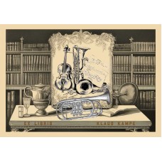 Bookplate Ex Libris trumpet with library