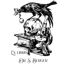 Ex Libris Rabe mit Mikroskop und Buch
