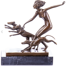 Skulptur Art Deco Nackte Diana mit Windhunden