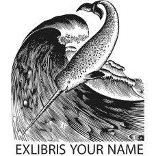 Bookplate Whale, Narwhal or sea unicorn, Swordfish and Wave by www.exlibris-insel.de/shop